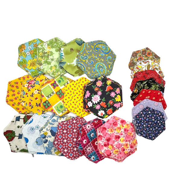 Vintage Fabric Pre Cut Hexagon Shape Quilting Blocks Assorted Prints 369 Pieces